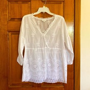 J.Jill White Tunic Top with Ruffle at Neckline, Size Small